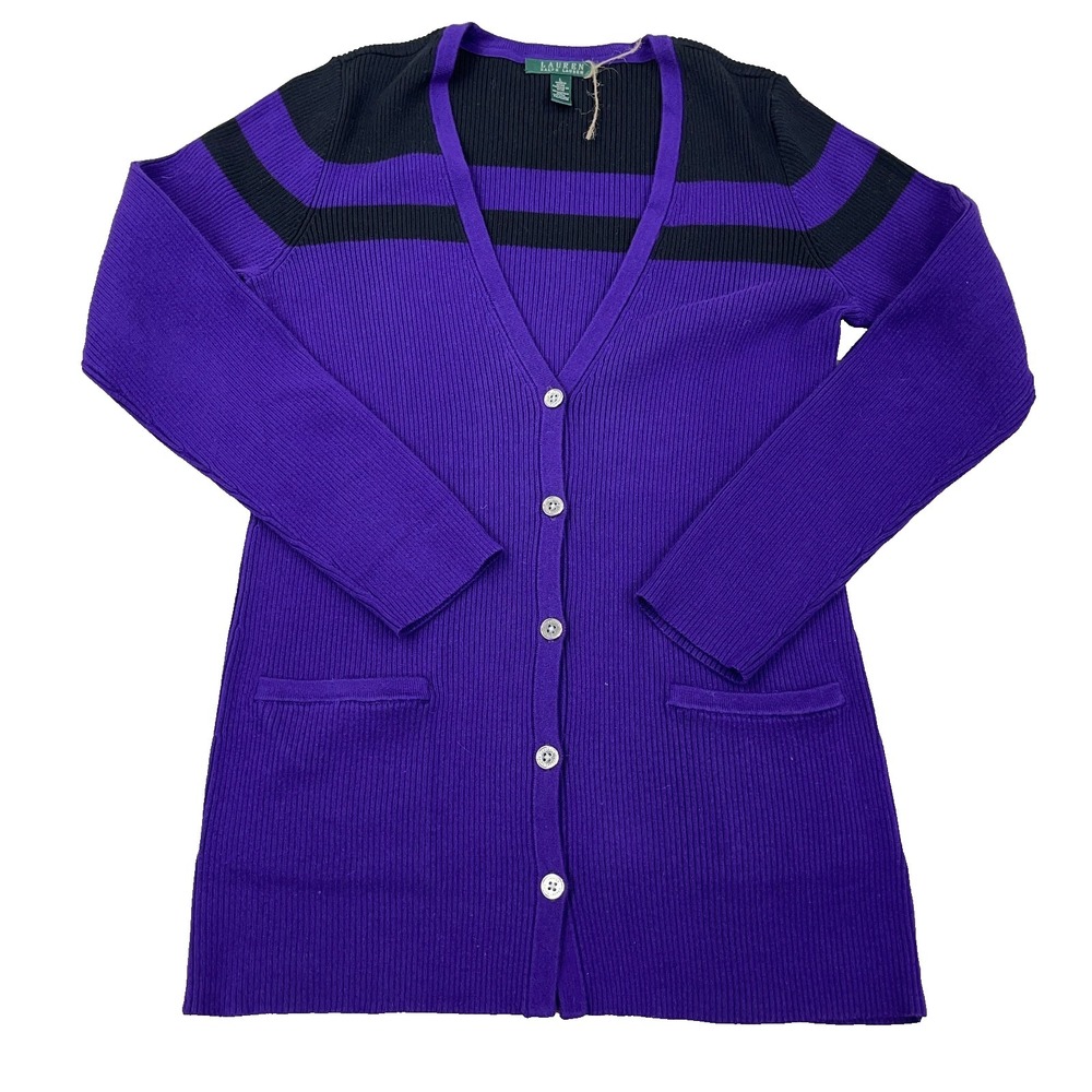 Lauren Ralph Lauren Cardigan Sweater‎ Women Large Purple Pockets Lightweight LRL